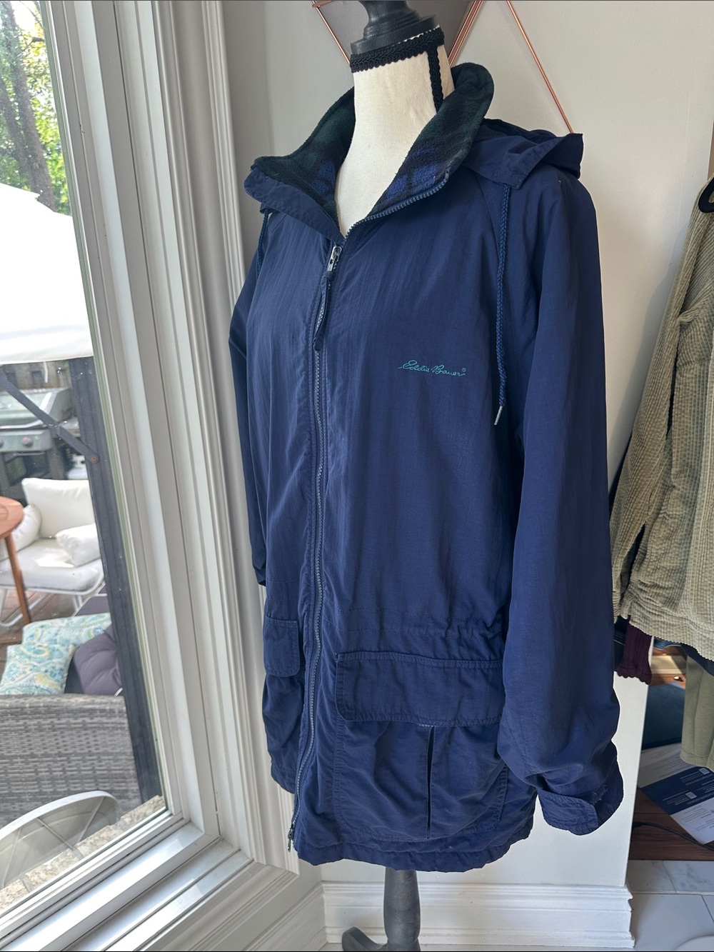 VINTAGE EDDIE BAUER Navy Blue Hooded Field Jacket Utility Coat Fleece Medium